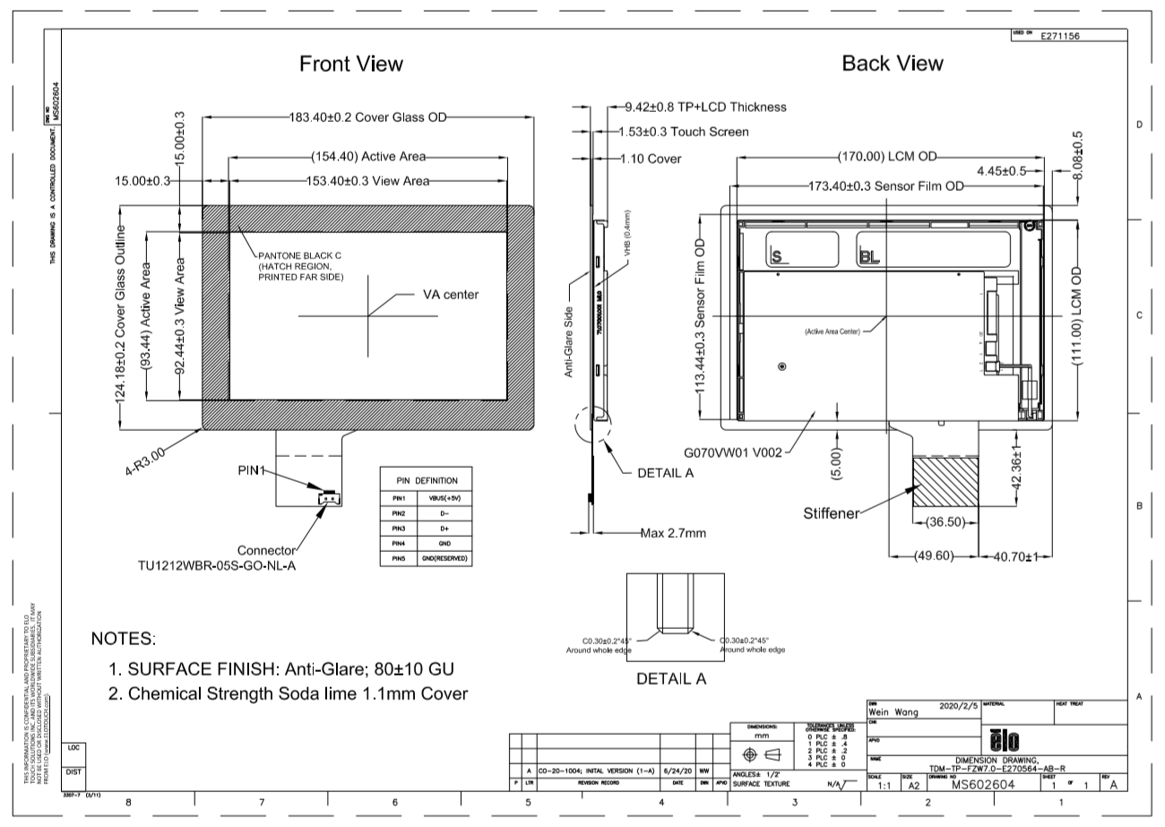 Dimensional Drawing of E271156 7-inch TouchPro® Display Module